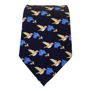 LEONARD PARIS Black Bird & Flower Print Silk Tie Made In Italy 58"-3.75" EX COND